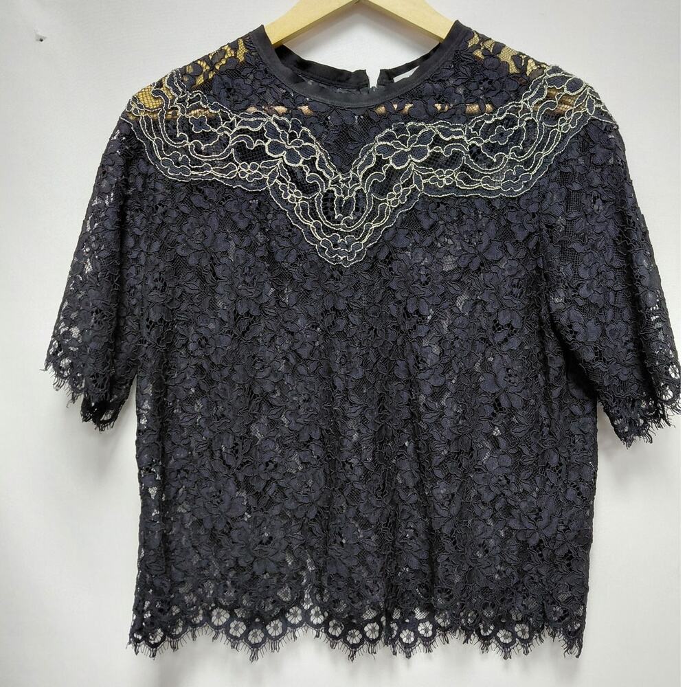 sandro PARIS Sandro Lace Top Women Solid Short Sleeve See Measurements